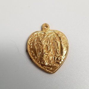 Vintage Religious Pendant Our Lady of Lordes Heart Shape Catholic Religion Gold